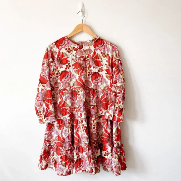 Zara Floral Tiered Babydoll 3/4 Sleeve Dress Red Pink Size XS - Picture 5 of 10